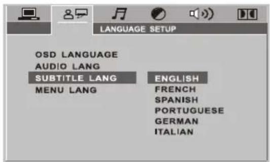 LANGUAGE SETUP OSD LANGUAGE AUDIO LANG SUBTITLE LANG ENGLISH MENU LANG FRENCH SPANISH PORTUGUESE GERMAN ITALIAN