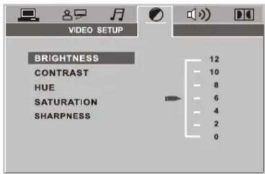 VIDEO SETUP BRIGHTNESS CONTRAST HUE SATURATION SHARPNESS 12 10 8 6 4 2 0