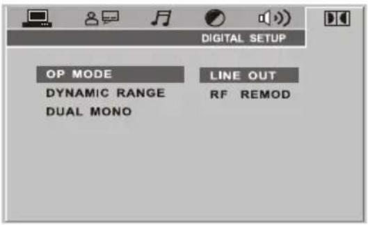 DIGITAL SETUP OP MODE DYNAMIC RANGE DUAL MONO LINE OUT RF REMOD