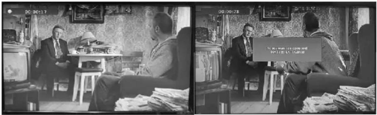 Black-and-white surveillance photo showing two scenes: one with a man in a suit sitting on TV, the other with a man holding a sign saying 'Do you want to be a good friend for them!'