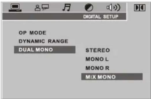 DIGITAL SETUP OP MODE DYNAMIC RANGE DUAL MONO STEREO MONO L MONO R MIX MONO