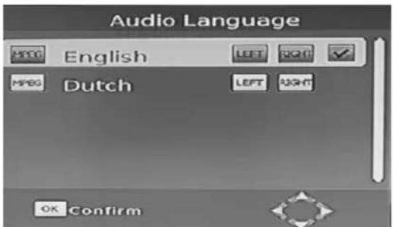 Audio Language PTC0 English LEFT SQRT MPBG Dutch LEFT SQRT OK Confirm