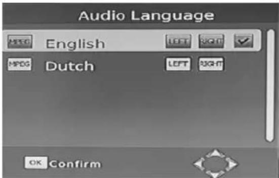 Audio Language MPEG English LEFT RIGHT ✓ MPDG Dutch LEFT RIGHT OK Confirm