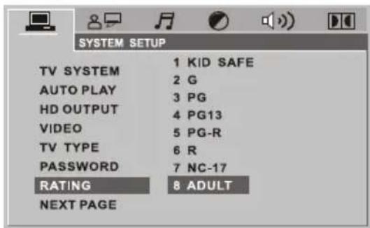 SYSTEM SETUP TV SYSTEM 1 KID SAFE AUTO PLAY 2 G HD OUTPUT 3 PG VIDEO 4 PG13 TV TYPE 5 PG-R PASSWORD 6 R RATING 7 NC-17 NEXT PAGE 8 ADULT