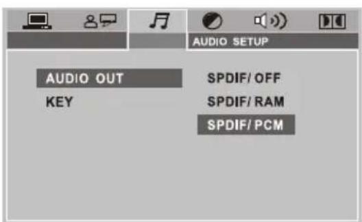 AUDIO SETUP AUDIO OUT KEY SPDIF/ OFF SPDIF/ RAM SPDIF/ PCM