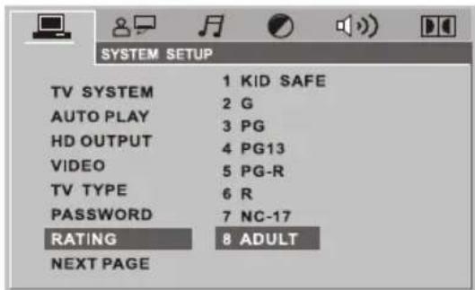 SYSTEM SETUP TV SYSTEM 1 KID SAFE AUTO PLAY 2 G HD OUTPUT 3 PG VIDEO 4 PG13 TV TYPE 5 PG-R PASSWORD 6 R RATING 7 NC-17 NEXT PAGE 8 ADULT