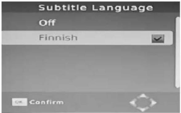 Subtitle Language Off Finnish OK Confirm