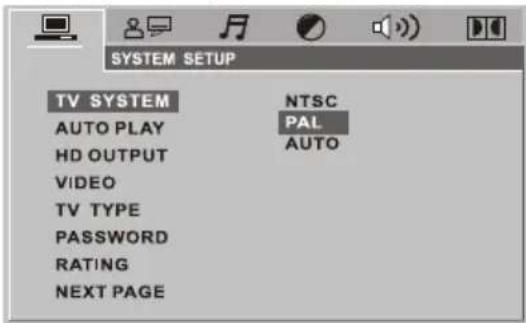 SYSTEM SETUP TV SYSTEM NTSC AUTO PLAY PAL HD OUTPUT AUTO VIDEO TV TYPE PASSWORD RATING NEXT PAGE