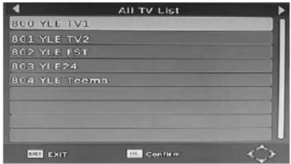 All TV List 800 YLE TV1 801 YLE TV2 802 YLE EST 803 YLE24 804 YLE Teema EXIT EXIT OK Confirm
