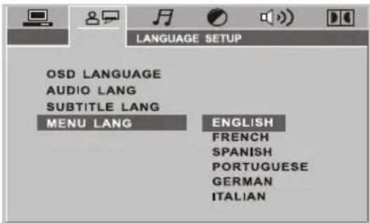 LANGUAGE SETUP OSD LANGUAGE AUDIO LANG SUBTITLE LANG MENU LANG ENGLISH FRENCH SPANISH PORTUGUESE GERMAN ITALIAN