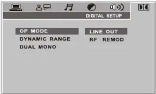 DIGITAL SETUP OP MODE DYNAMIC RANGE DUAL MONO LINE OUT RF REMOD