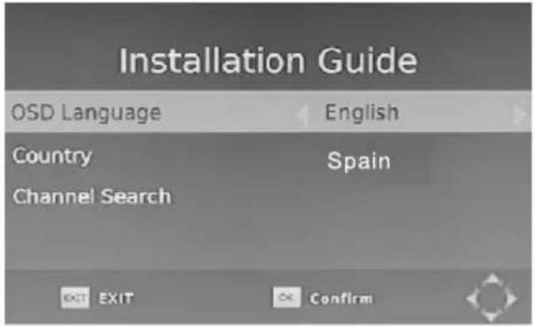 Installation Guide OSD Language English Country Spain Channel Search EXIT EXIT OK Confirm