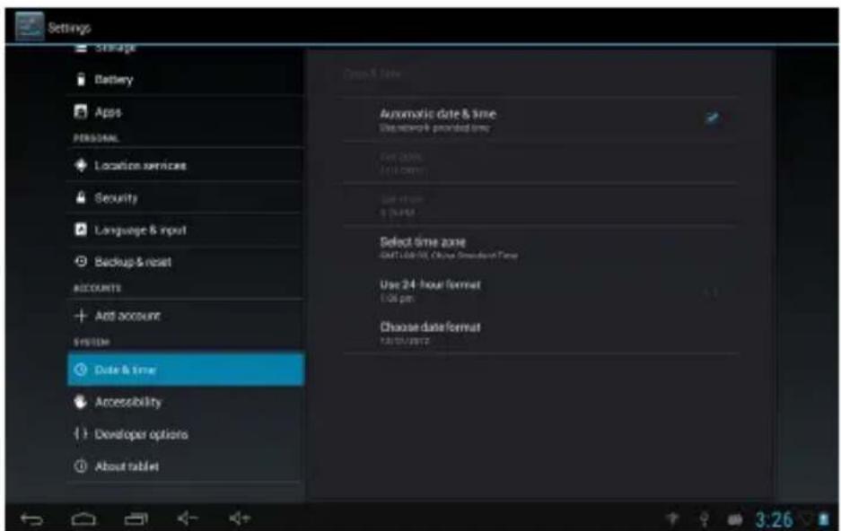 Settings Storage Battery Apps PERSONAL Location services Security Language & input Backup & reset ACCOUNTS + Add account SYSTEM Date & time Accessibility Developer options About tablet Open & Save Automatic date & time Site network provided time Set dates 10:11:00:00 Set time 6:04:00:00 Select time zone GAT: 128.95, China Standard Time Use 24-hour format 1:06 pm Choose date format 1:06:00:00:00