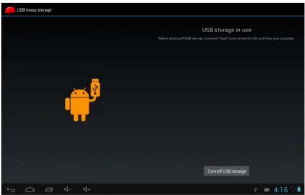 USB mass storage USB storage in use Before turning off USB storage, unmrank ("logc") your Android's 50 card from your computer. Turn off USB storage