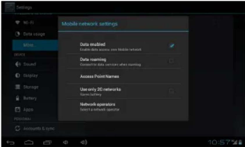 Settings W-Fi Data usage More... DEVICE Sound Display Storage Battery Apps Accounts & sync Mobile network settings Data enabled Enable data access new Mobile network Data roaming Connect to data services when roaming Access Point Names Use only 2G networks Save battery Network operators Select a network operator 10:57"