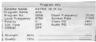 Program Info Satellite Name ASTRA 1E.1F.1G Program Name ante Program No 0004 Down Frequency 10742 Local Frequency 9750 Symbol Rate 21685 Polarity H Video PID 0401 22K Tone OFF Audio PID 0402 DISB@C OFF Strength 86% Quality 75%