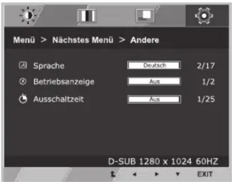 Menü > Nächstes Menü > Andere Sprache Deutsch 2/17 Betriebsanzeige Aus 1/2 Ausschaltzeit Aus 1/25 D-SUB 1280 x 1024 60HZ EXIT