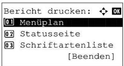 Bericht drucken: OK [0 1] Menüplan [0 2] Statusseite [0 3] Schriftartenliste [Beenden]