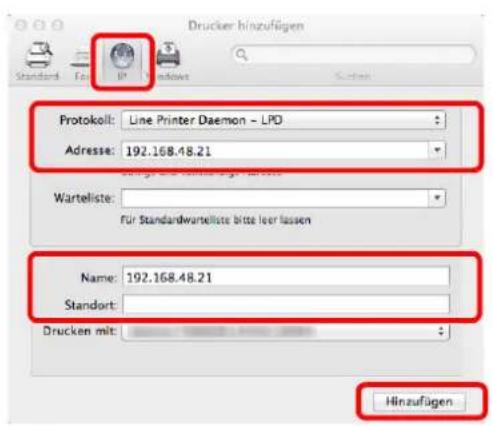 Drucker hinzufügen Standard Fur IP Windows Protokoll: Line Printer Daemon - LPD Adresse: 192.168.48.21 Wartellste: Für Standardwartellste bitte leer lassen Name: 192.168.48.21 Standort: Drucken mit: Hinzufügen