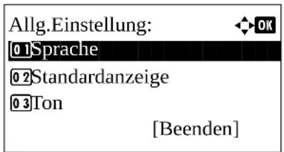 Allg.Einstellung: 01Sprache 02Standardanzeige 03Ton [Beenden]