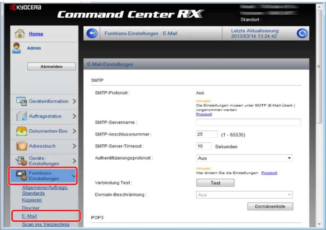 KYOCERA Command Center RX Standort : Home Admin Abmelden Funktions-Einstellungen : E-Mail Letzte Aktualisierung: 2013/03/14 13:24:42 E-Mail-Einstellungen SMTP SMTP-Protokoll : Aus Hinweis: Die Einstellungen müssen unter SMTP (E-Mail-Übertr.) vorgenommen werden. Protokoll SMTP-Servername : SMTP-Anschlussnummer : 25 (1 - 65535) SMTP-Server-Timeout : 10 Sekunden Authentifizierungsprotokoll : Aus Hinweis: Hier ändern Sie die Einstellungen. Protokoll Verbindung Test : Test Domain-Beschränkung : Aus Domänenliste POP3 Faktions- Einstellungen Allgemeine/Auftrags- Standards Kopieren Drucker E-Mail Scan ins Verzeichnis