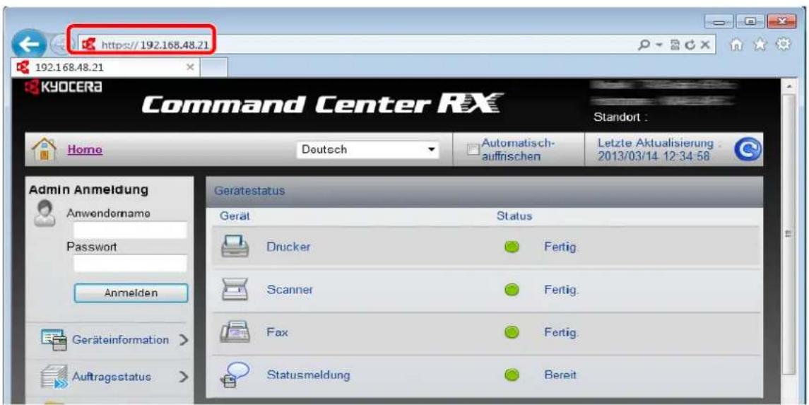 https://192.168.48.21 192.168.48.21 KYOCERA Command Center RX Standort : Home Deutsch Automatisch- auffrischen Letzte Aktualisierung 2013/03/14 12:34:58 Admin Anmeldung Anwendername Password Anmelden Geräteinformation > Auftragsstatus > Geratestatus Geraät Status Drucker Fertig. Scanner Fertig. Fax Fertig. Statusmeldung Bereit