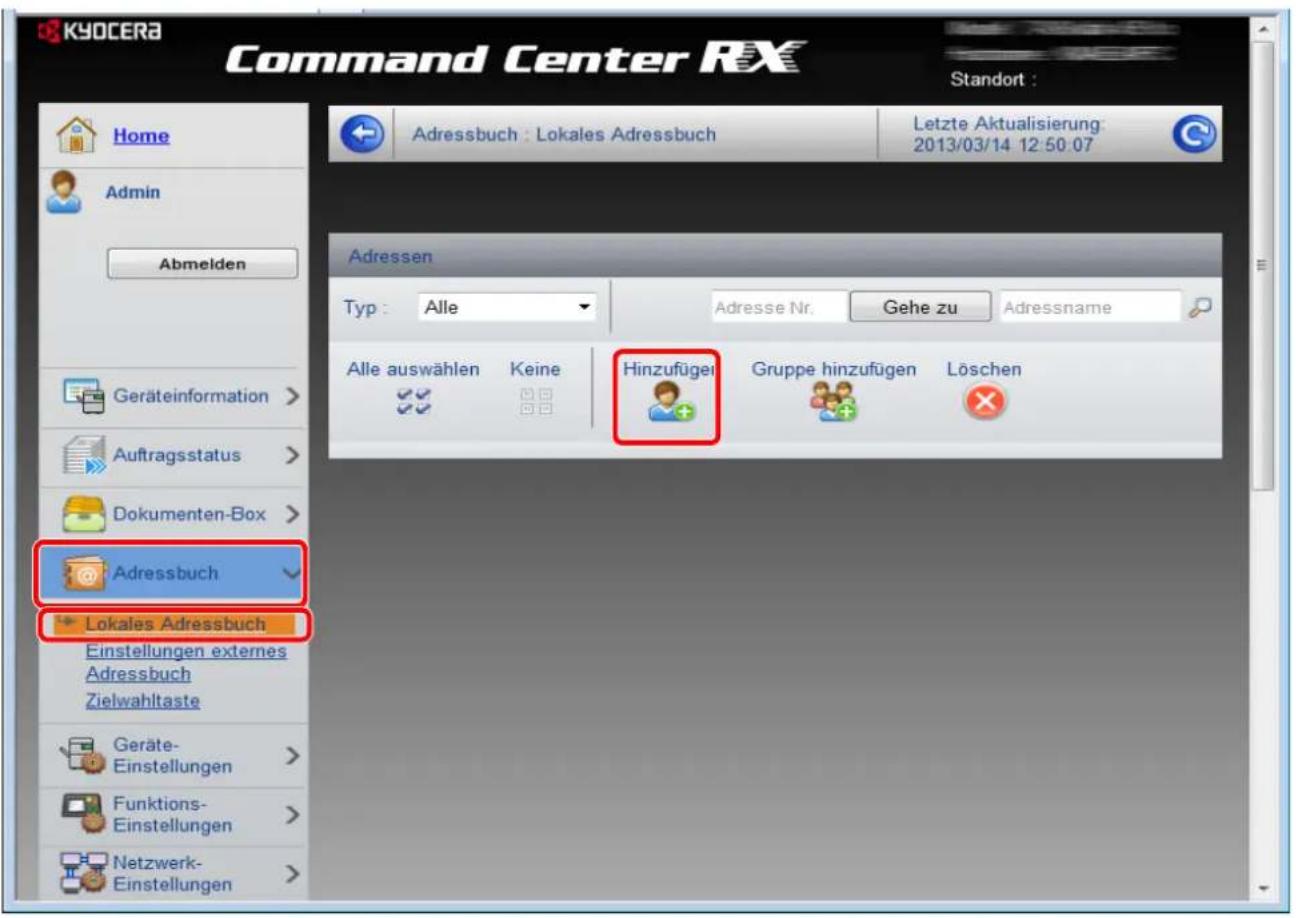 KYOCERA Command Center RX Standort : Home Admin Abmelden Geräteinformation > Auftragsstatus > Dokumenten-Box > Adressbuch Lokales Adressbuch Einstellungen externes Adressbuch Zielwahltaste Geräte- Einstellungen > Funktions- Einstellungen > Netzwerk- Einstellungen > Adressen Typ : Alle Adresse Nr. Gehe zu Adressname Alle auswählen Keine Hinzufügen Gruppe hinzufügen Löschen