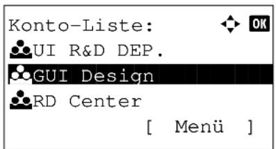 Konto-Liste: • UI R&D DEP. • GUI Design • RD Center [ Menü ]