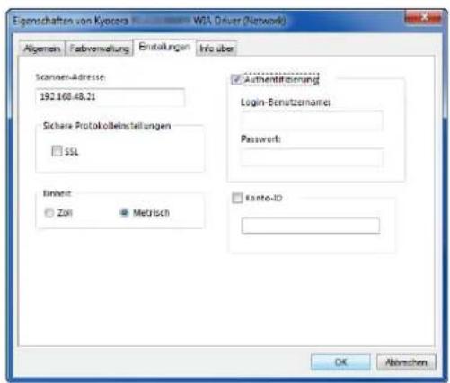 Eigenschaften von Kyocera WSA Driver (Network) Algemein Fabravensaltung Einstellungen Info über Scanen-Adresse 192.168.48.21 Sichere Protokolleinstellungen SSL Authentifizierung Login-Benutzename: Password: Einheit Zoll Metrisch Kanto-ID OK Abgrenzen