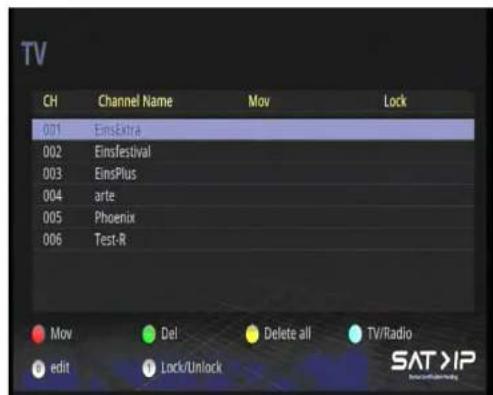 TV CH Channel Name Mov Lock 001 EinsExtra 002 Einsfestival 003 EinsPlus 004 arte 005 Phoenix 006 Test-R Mov Del Delete all TV/Radio edit Lock/Unlock SAT >IP