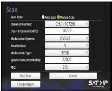 Scan Scan Type: Auto Scan Manual Scan Channel Number: CH.1 (10729) Input Frequency(MHz): 10729 Modulation System: DVBS2 Polarization: V Modulation Type: 8PSK Symbol Rate(KSymbol/s): 22000 FEC: 2/3 Start Scan Cancel Change Region SAT/IP