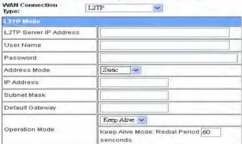 WAN Connection Type: L2TP L2TP Mode L2TP Server IP Address User Name Password Address Mode Static IP Address Subnet Mask Default Gateway Operation Mode Keep Alive Keep Alive Mode: Redial Period 60 seconds