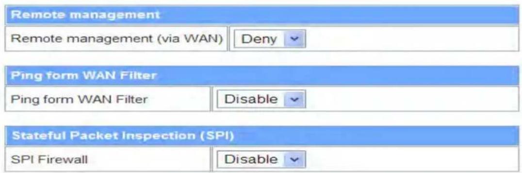 Remote management Remote management (via WAN) Deny Ping form WAN Filter Ping form WAN Filter Disable Stateful Packet Inspection (SPI) SPI Firewall Disable