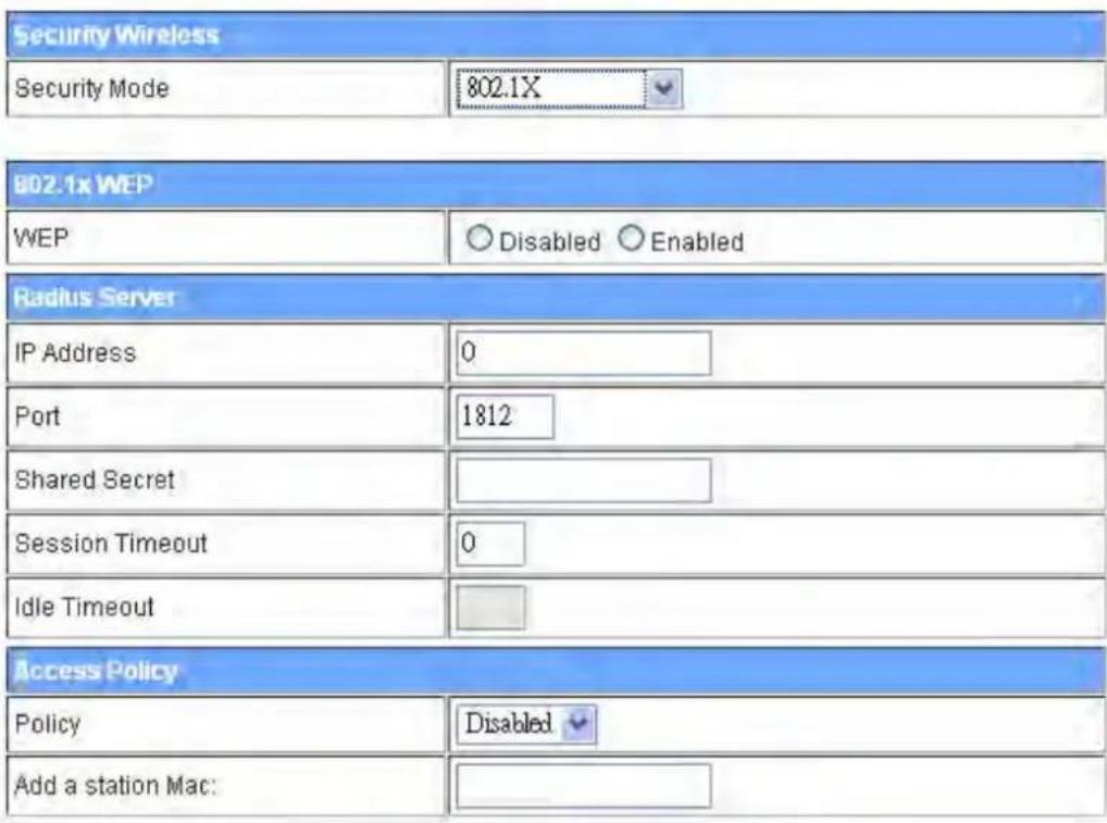 Security Wireless Security Mode 802.1X 802.1x WEP WEP Disabled Enabled Radius Server IP Address 0 Port 1812 Shared Secret Session Timeout 0 Idle Timeout Access Policy Policy Disabled Add a station Mac: