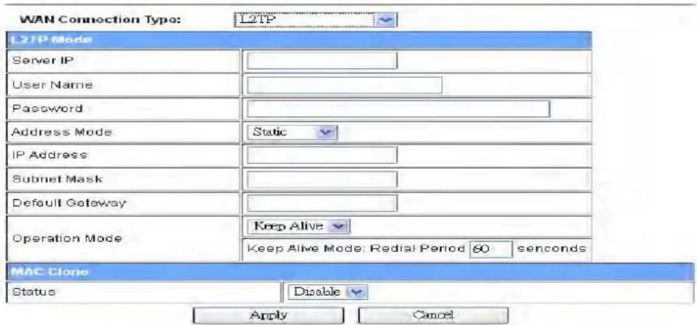 WAN Connection Type: L2TP L2TP Mode Server IP User Name Password Address Mode Static IP Address Subnet Mask Default Gateway Operation Mode Keep Alive Keep Alive Mode: Redial Period 60 seconds MAC Clone Status Disable Apply Cancel
