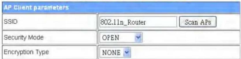AP Client parameters SSID 802.11n_Router Scan APs Security Mode OPEN Encryption Type NONE
