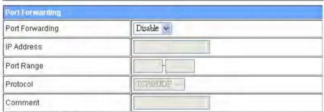 Port Forwarding Port Forwarding Disable IP Address Port Range Protocol TCP&ODP Comment
