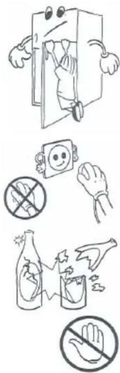Illustration showing various food safety symbols including a door, prohibition signs, and hand gestures