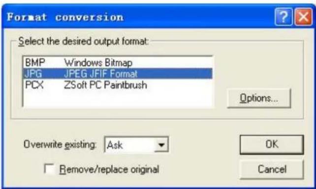 Format conversion Select the desired output format: BMP Windows Bitmap JPG JPEG.JFIF Format PCX ZSoft PC Paintbrush Options... Overwrite existing: Ask Remove/replace original OK Cancel
