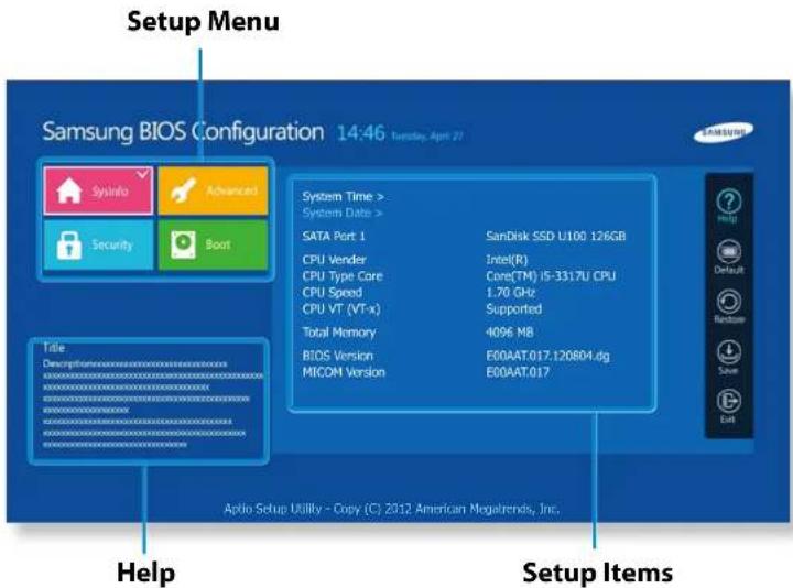 Setup Menu Samsung BIOS Configuration 14:46 - Tuesday, April 27 System Time > System Date > SATA Port 1 SanDisk SSD U100 126GB CPU Vendor Intel(R) CPU Type Core Core(TM) i5-3317U CPU CPU Speed 1.7G GHz CPU VT (VT-x) Supported Total Memory 4096 MB BIOS Version E00AAT.017.120804.dg MICOM Version E00AAT.017 Help Setup Items Aplio Setup Utility - Copy (C) 2012 American Megatrends, Inc.