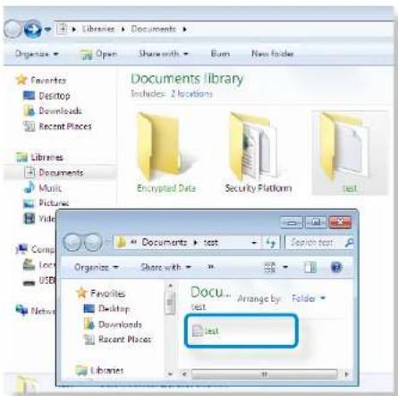 Organize Open Share with Burn New folder Favorites Desktop Downloads Recent Places Documents library Includes: 2 locations Encrypted Data Security Platform Test Comp Loans USB Network Organize Share with Favorites Desktop Downloads Recent Places Docu... Test Arrange by: Folder Test