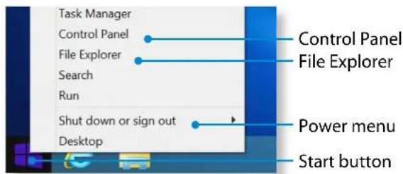 Task Manager Control Panel File Explorer Search Run Shut down or sign out Desktop Control Panel File Explorer Power menu Start button