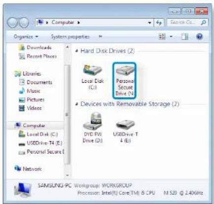 Organize System properties Downloads Recent Places Libraries Documents Music Pictures Videos Computer Local Disk (C:) USDrive-T4 (E:) Personal Secure E Network Hard Disk Drives (2) Local Disk (C:) Personal Secure Drive (N) Devices with Removable Storage (2) DVD Drive (D:) USDrive T ↓ (E:) SAMSUNG-PC Workgroup: WORKGROUP Processor: Intel(I) Core(TM) & CPU M S20 @ 2.406Hz