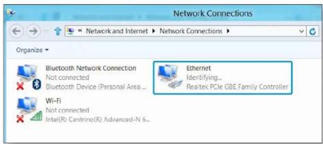 Network Connections Organize Bluetooth Network Connection Not connected Bluetooth Device (Personal Area ... Ethernet Identifying... Realtek PCIe GBE Family Controller Wi-Fi Not connected Intel(R) Centrino(R) Advanced-N 6...