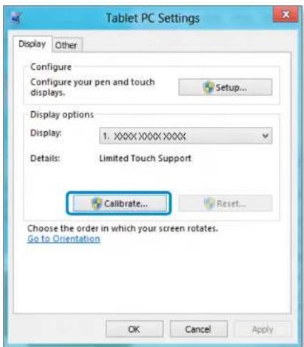 Tablet PC Settings Display Other Configure Configure your pen and touch displays. Setup... Display options Display: 1. XXXXXXXXXXX Details: Limited Touch Support Calibrate... Choose the order in which your screen rotates. Go to Orientation OK Cancel Apply