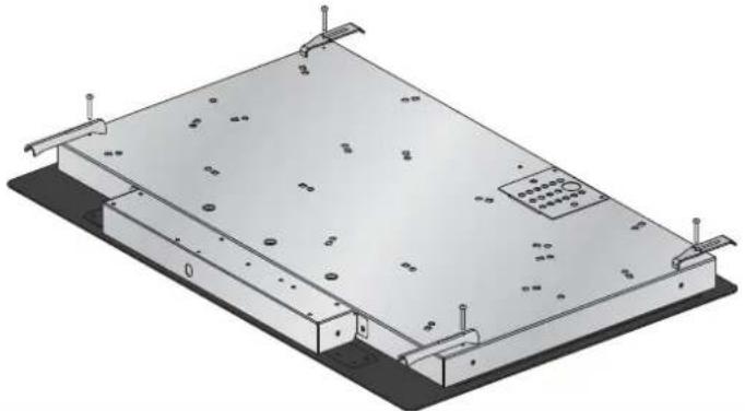 Isometric technical drawing of a rectangular electronic device with mounting brackets and internal components (no text or symbols)