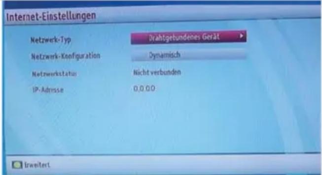Internet-Einstellungen Netzwerk-Typ Drahtgetundenes Gerät Netzwerk-Konfiguration Dynamisch Netzwerkstatus Nicht verbunden IP-Adresse 0,0,0,0
