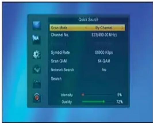 Quick Search Scan Mode By Channel Channel No.E23(490.00MHz) Symbol Rate 06900 Kbps Scan QAM 64-QAM Network Search No Search Intensity 5% Quality 72%