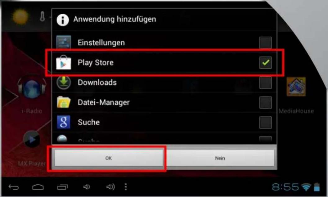 Anwendung hinzufügen Einstellungen Play Store Downloads Datei-Manager Suche OK Nein MX Player MediaHouse