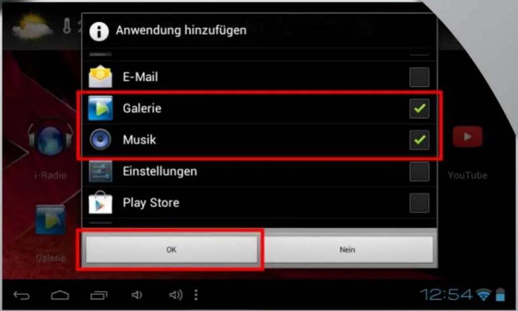 Anwendung hinzufügen E-Mail Galerie Musik Einstellungen Play Store OK Nein